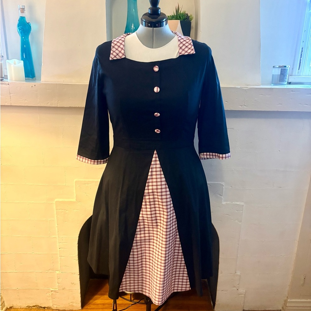 Cute Black and Pink Check Fit and Flare Vintage Look Dress